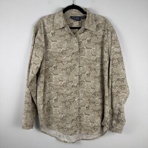 Rachel Brooke Shirt Womens XL Beige Horse Print Classic Button-Up Western Casual